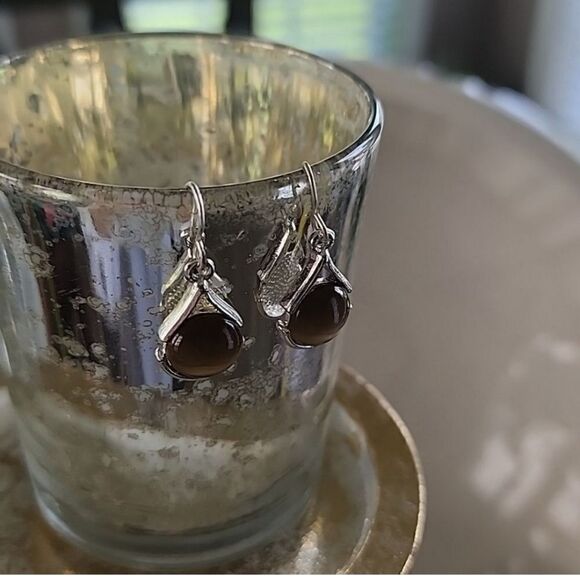 Vintage Tiger Eye Hook Earrings On Silver Tone Setting - Picture 4 of 5